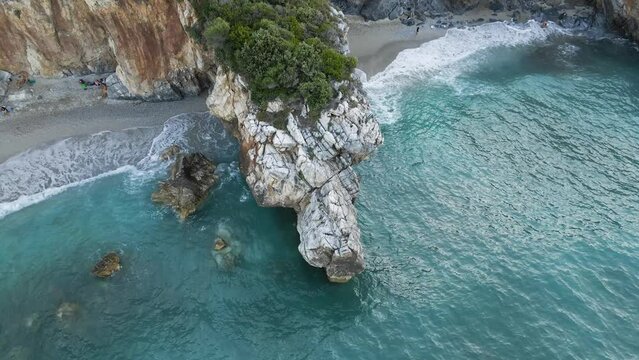 Drone 4k aerial view of Mylopotamos beach Pelion Greece summer afternoon