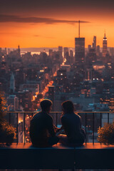 Fototapeta na wymiar Romantic Evening Serenity: Couple Watching Urban Sunset from Balcony - AI generated