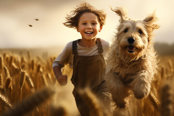 Boy and his dog running in the wheat field