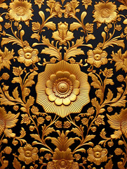 thai art painting, golden thai pattern, traditional, back background, modern, golden flower 