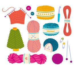 Cartoon Color Wool Yarn Balls Knitting Accessories Icon Set Handmade Concept Flat Design Style. Vector illustration of Icons