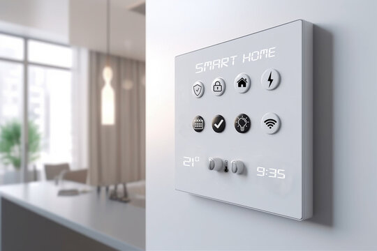 Smart Home control system on the wall. Thermostat for temperature adjustments, saving money on energy costs. White room. AI generated