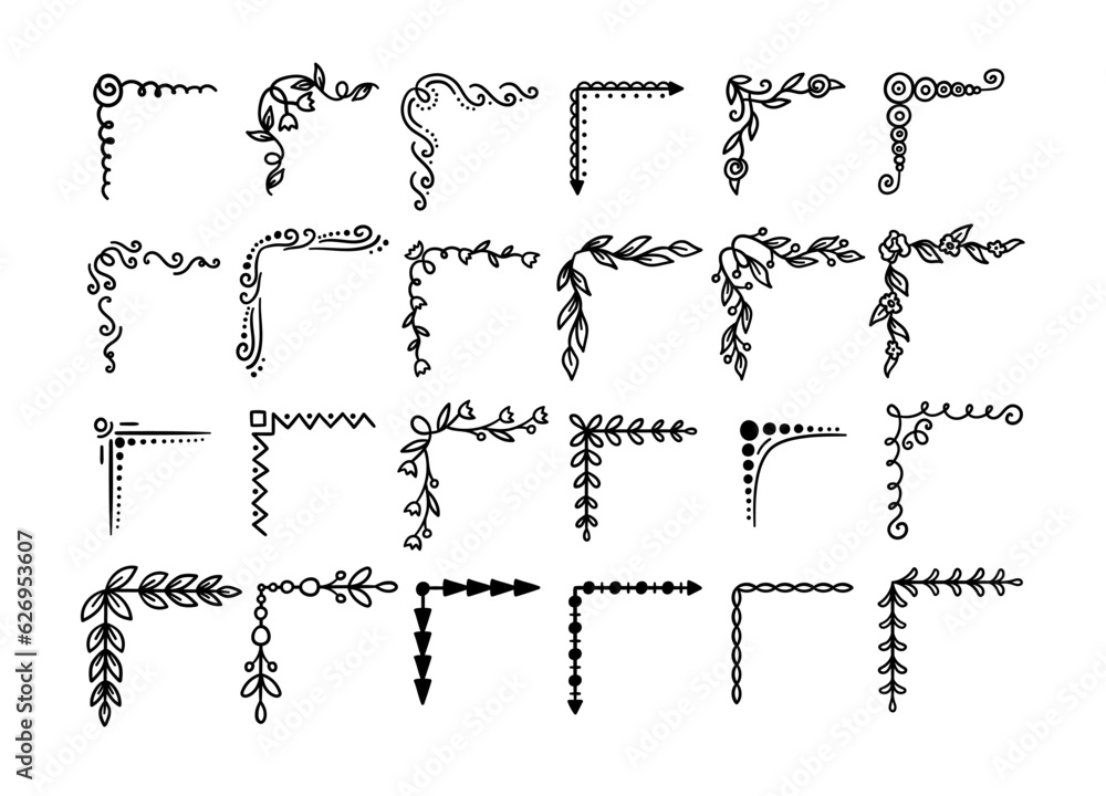 Poster hand drawn corner black thin line icon set. vector illustration of different shapes decoration desig