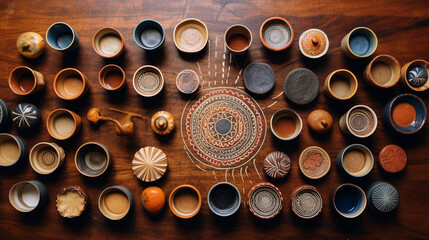 A mesmerizing arrangement of Ethiopian coffee jebenas and ceramic coffee cups, capturing the ritual of Ethiopian coffee ceremonies Generative AI