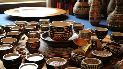 A mesmerizing arrangement of Ethiopian coffee jebenas and ceramic coffee cups, capturing the ritual of Ethiopian coffee ceremonies Generative AI