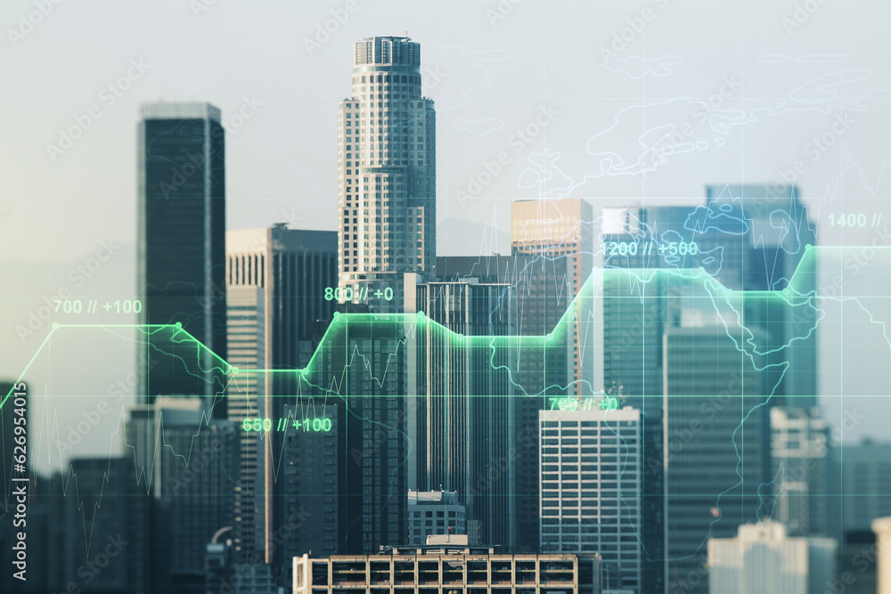 Poster Double exposure of abstract creative statistics data hologram on Los Angeles office buildings background, analytics and forecasting concept
