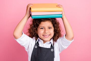 Photo of clever positive schoolkid toothy smile hands hold pile stack book head isolated on pink...