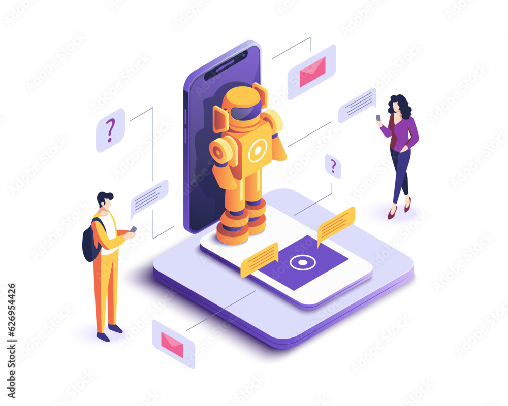 Poster cartoon color characters people ask questions for chatbot concept isometric view . vector illustrati