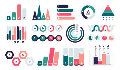 Graphic charts collection. Bar pictogram, pie chart line diagram, market growth statistics infographic design. Vector set. Business presentation or report financial analysis template