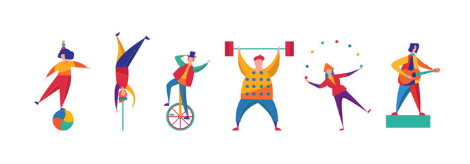 Cartoon Color Characters People Circus Funny Artists Concept Flat Design Style Include of Juggler and Strongman Performer. Vector illustration © bigmouse108