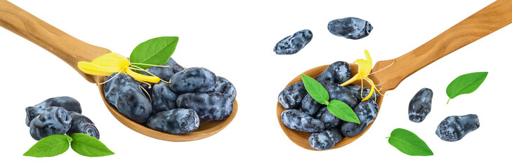 Fresh honeysuckle blue berry in wooden spoon isolated on white background with full depth of field. Top view. Flat lay.