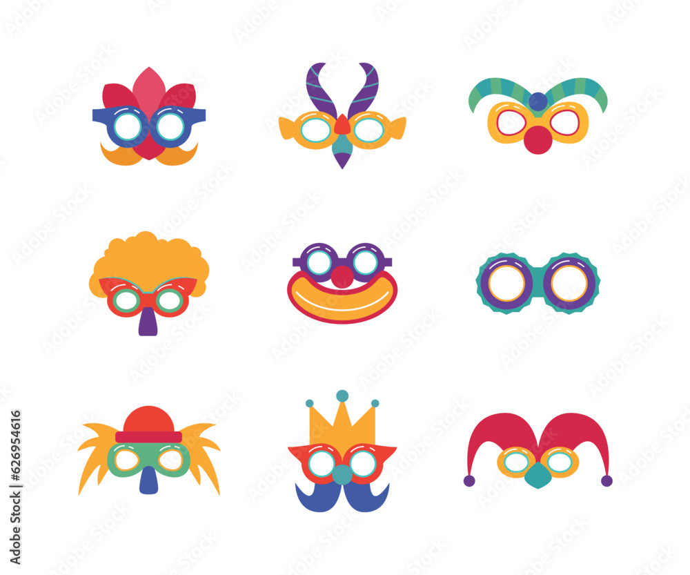 Poster Cartoon Color Different Glasses Carnival Purim Icon Set Tradition Party Celebration Concept Flat Design Style. Vector illustration