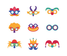 Cartoon Color Different Glasses Carnival Purim Icon Set Tradition Party Celebration Concept Flat Design Style. Vector illustration