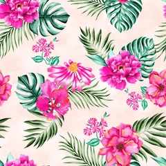 Fototapete Watercolor flowers pattern, pink tropical elements, green leaves, white background, seamless © Leticia Back