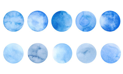 A set of watercolor circles, spots in blue shades, isolated on a white background. Hand-drawn. The texture of watercolor on paper. An element for design and decoration.