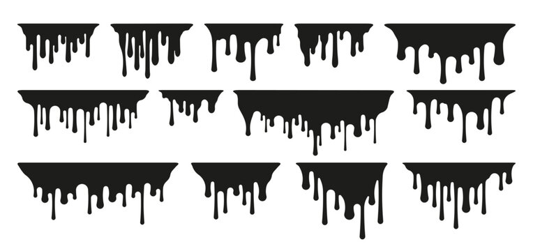 Dripping oil stain. Cartoon sweet syrup splatter on paper, dripping chocolate and caramel silhouettes, dribble liquid paint on paper. Vector isolated set. Frame border with flowing black ink