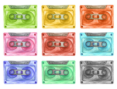 Watercolor set of vintage cassettes. Hand drawn retro illustrations of music, audio equipment.
