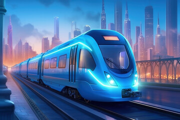 Fototapeta premium Futuristic electric train on evening city background. Modern railway train riding by the skyscrapers at night