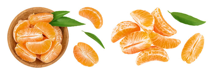 Tangerine or clementine slices in wooden bowl isolated on white background with full depth of field. Top view. Flat lay