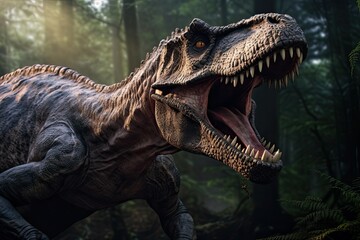 Fierce Tyrannosaurus rex Dinosaur roaring in prehistoric plains, Sharp teeth, Generative AI.