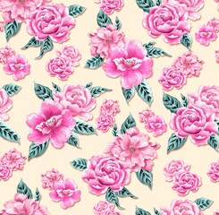 Watercolor flowers pattern, pink tropical elements, green leaves, yellow background, seamless