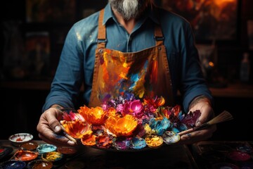 Vivid Visions Unveiled": Peering into the Artist's World - Revel in the Enchanting Process of Masterpiece Creation with a Dazzling Palette and an Ensemble of Paintbrushes Generative AI