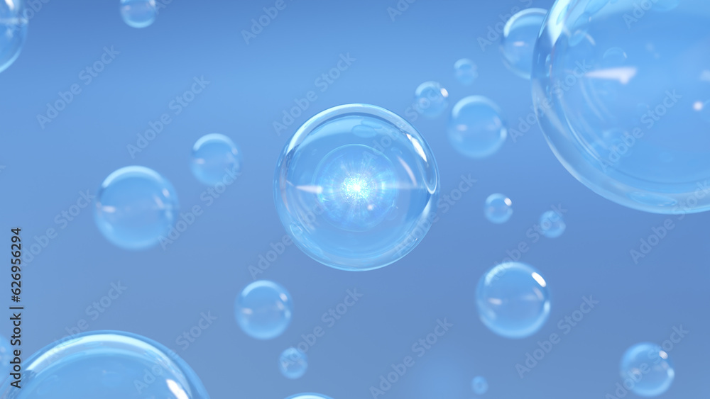 Poster serum bubbles with a fluid background. design for cosmetics about a miracle bubble. holographic liqu