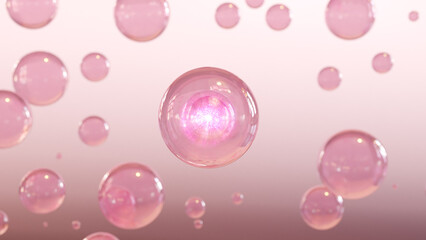 3D cosmetic rendering Pink Bubbles of serum on a fuzzy background. Design of collagen bubbles. The concept for Moisturizing Cream and Serum.