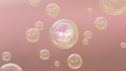 3D cosmetic rendering Serum bubbles of various colors on a blurred background. Design of collagen bubbles. Elements of Moisturizing and Serum Concept. Concept of vitamins for beauty and personal care.