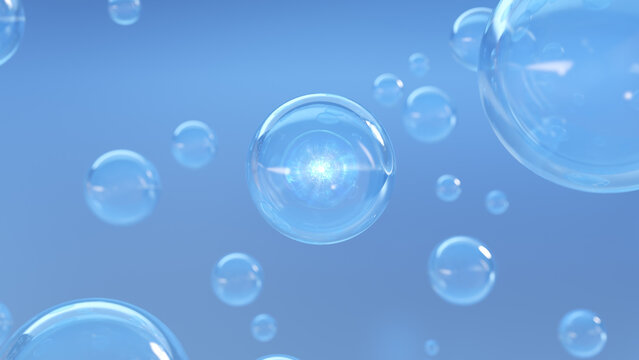 Serum bubbles with a fluid background. design for cosmetics about a miracle bubble. holographic liquid blobs, creative bubbles, and transparent balls floating in space. 3D rendering