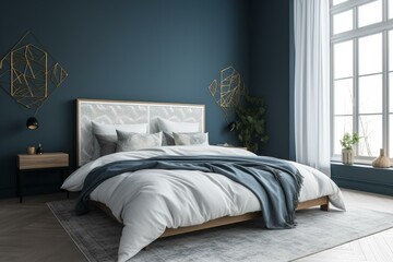 Modern bedroom with blue wall, grey bed, and white bedding. Copy space available. Generative AI
