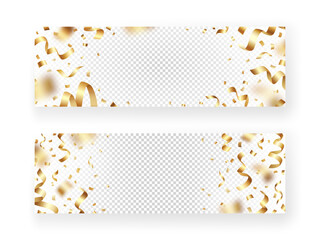 Festive set of vector banner template with shiny gold foil confetti and tinsels on a transparent background. Suitable for holiday poster, Christmas greeting card, wedding or birthday party invitation