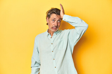 Middle-aged man posing on a yellow backdrop forgetting something, slapping forehead with palm and closing eyes.