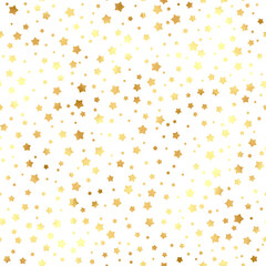 Seamless vector pattern of shining stars from textured gold foil on a white background. Bright glowing metallic backdrop for an elegant wedding invitation or festive greeting card