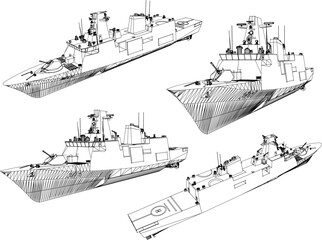 Vector sketch illustration of a fully armed naval commando warship © nur