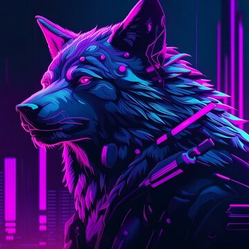 Neon punk style cyber wolf, pink, purple, blue