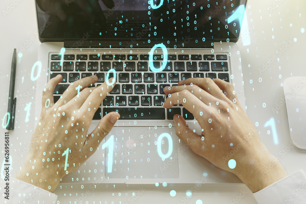 Fototapete Creative abstract binary code sketch and hands typing on computer keyboard on background, hacking and matrix concept. Multiexposure