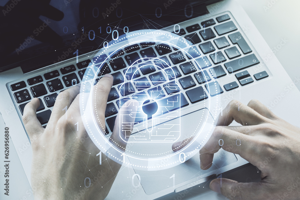 Poster double exposure of creative lock hologram with chip and hands typing on laptop on background. inform