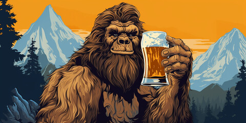 Bigfoot drinking a cold craft beer with scenic view. Generative AI - obrazy, fototapety, plakaty