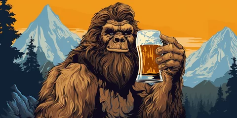 Foto op Canvas Bigfoot drinking a cold craft beer with scenic view. Generative AI © JoelMasson