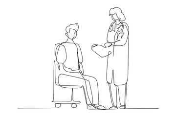 Doctor with stethoscope and patient. Medical examination concept. Continuous line drawing.