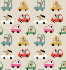 Seamless pattern. Funny dogs driving cars - 626957263