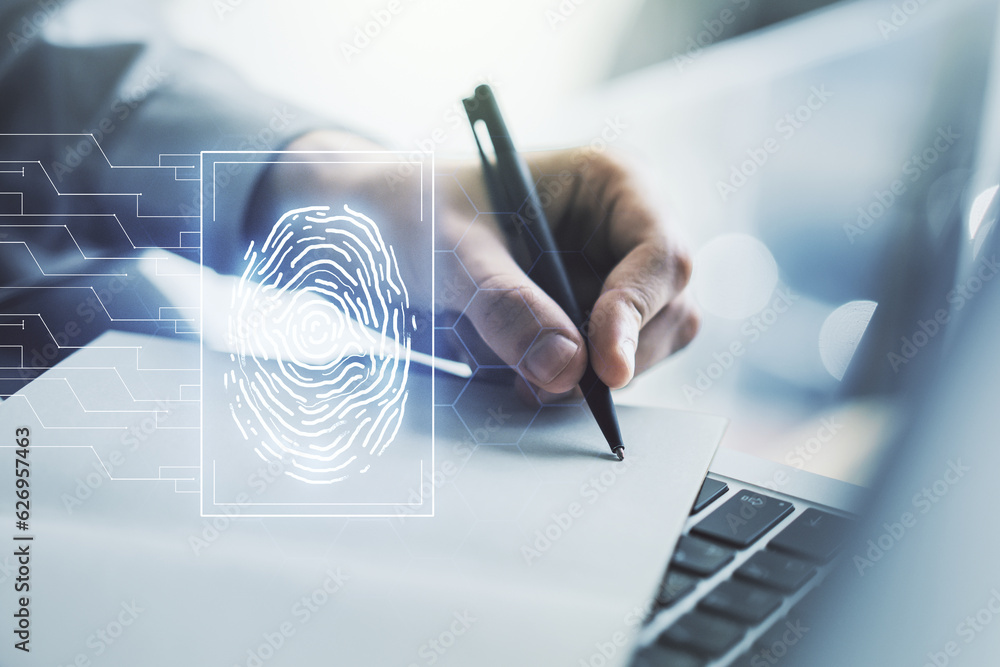 Fototapete multi exposure of abstract creative fingerprint illustration with hand writing in notebook on backgr
