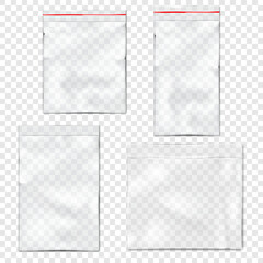 Clear vinyl resealable zipper pouch on transparent background vector mockup set. Blank empty plastic bag with zip lock mock-up. Envelope zipper package template - 626957673