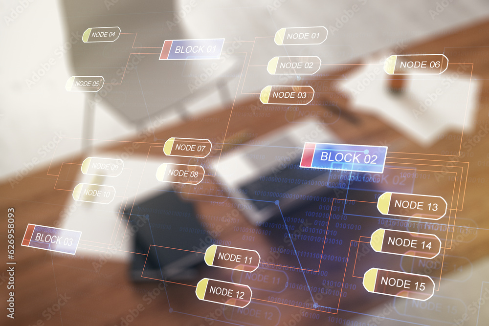 Aufkleber double exposure of abstract programming language and modern desktop with laptop on background, resea