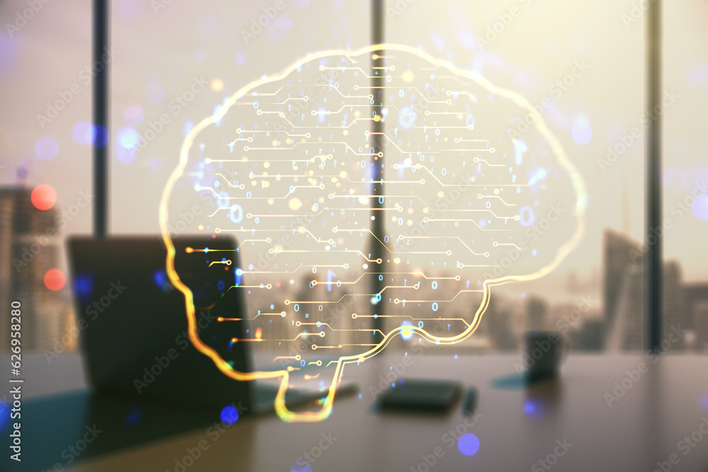 Aufkleber Double exposure of creative artificial Intelligence symbol and modern desktop with laptop on background. Neural networks and machine learning concept