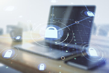 Creative light lock illustration with microcircuit and modern desktop with pc on background, cyber security concept. Multiexposure