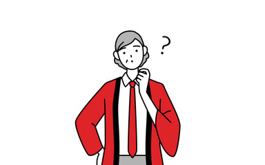 疑問を持って首をかしげる赤い法被を着た販売員のシニア女性