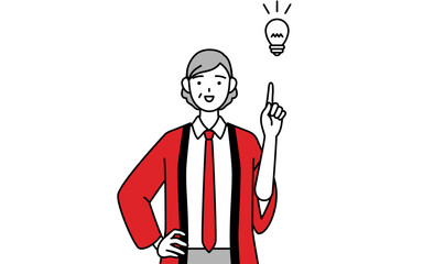 アイデアを思いついた赤い法被を着た販売員のシニア女性