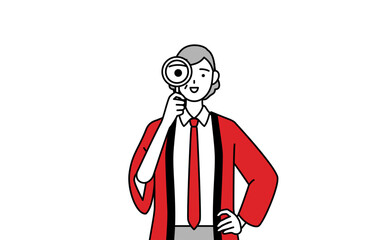 虫メガネをのぞく赤い法被を着た販売員のシニア女性